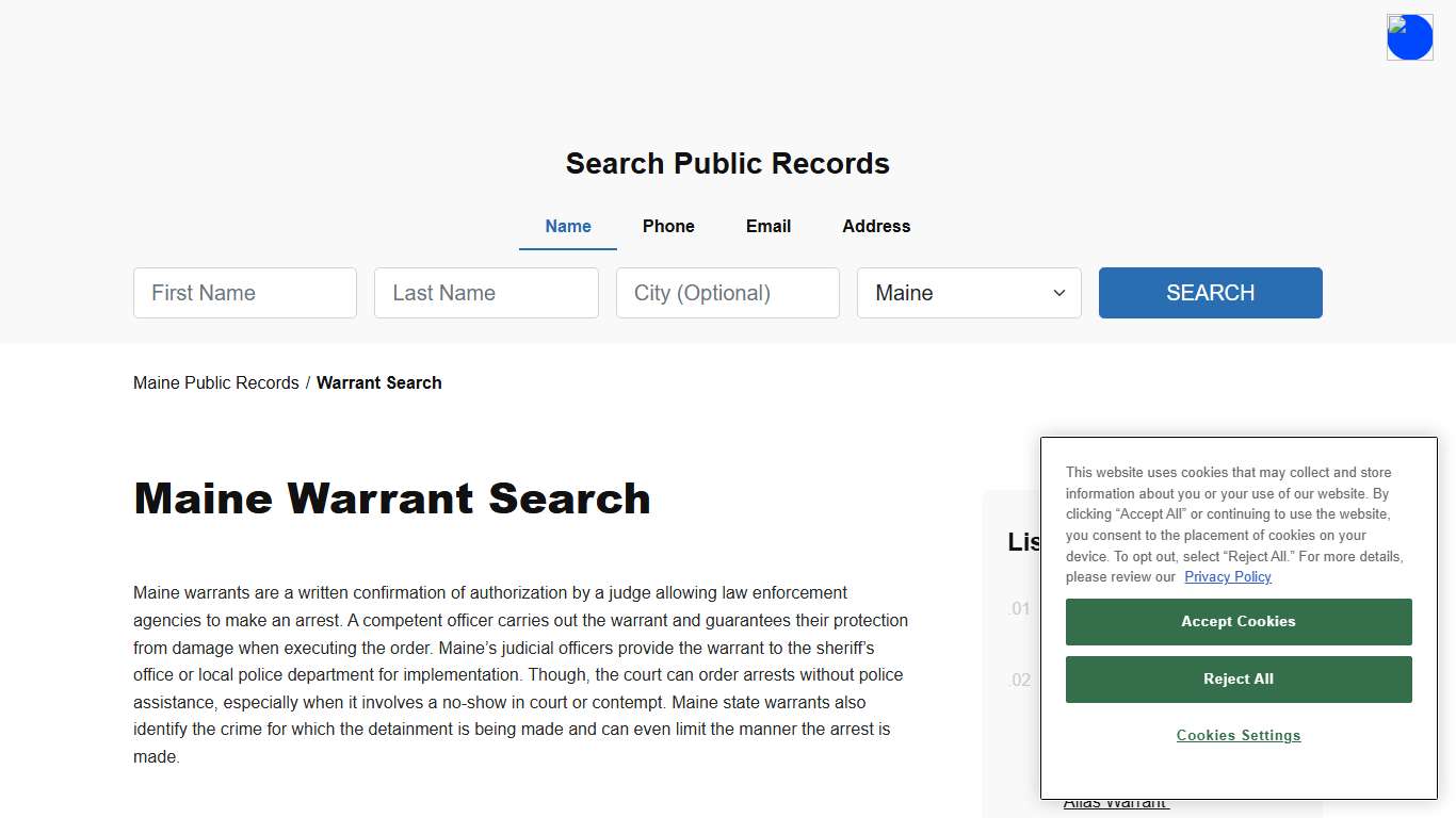 Maine Warrant Search and Records